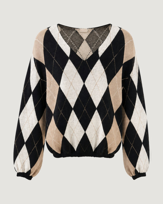 BLUSA TRICOT DECOTE V PRETO/OFF/BEGE