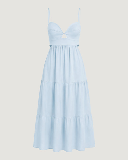 VESTIDO MIDI COM RECORTES VAZADOS NEVE (AZUL)