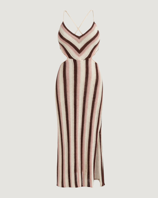 VESTIDO TRICOT MIDI RECORTES LISTRAS BEGE