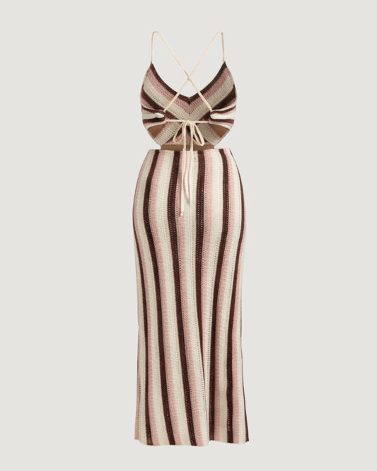VESTIDO TRICOT MIDI RECORTES LISTRAS BEGE