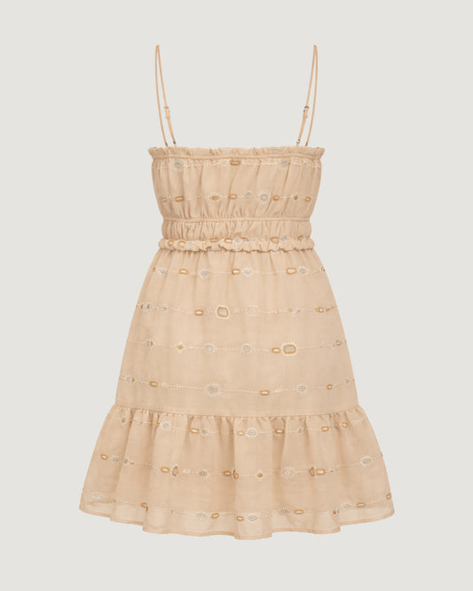 VESTIDO CURTO FRANZIDO COM BORDADOS BEGE