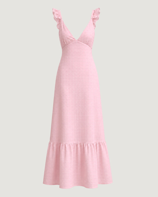 VESTIDO LONGO TEXTURA DETALHE NA ALÇA BALLERINA (ROSA)