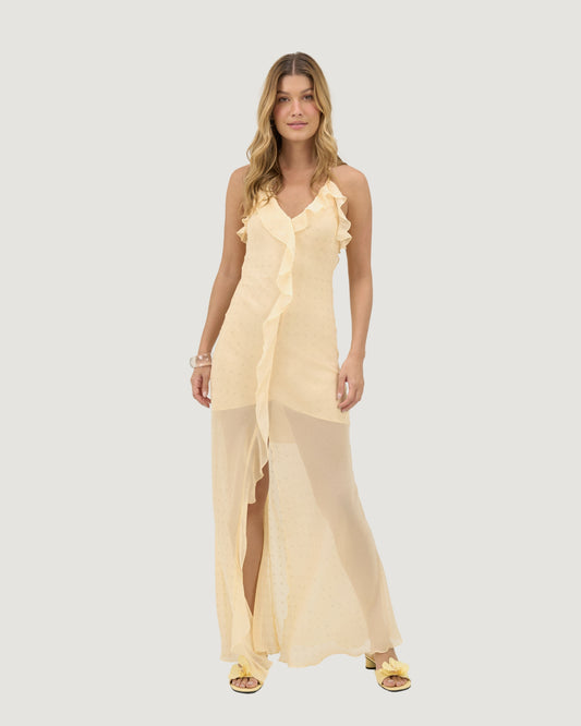 VESTIDO LONGO BABADOS LUREX AMARELO