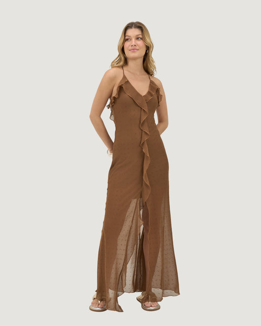 VESTIDO LONGO BABADOS LUREX MARROM