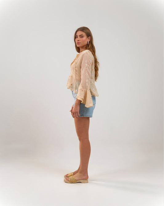 BLUSA DUPLA COM BABADOS BEGE