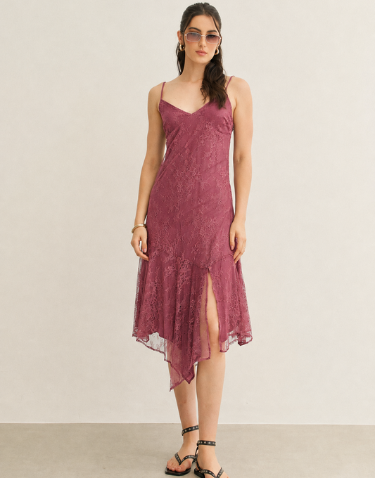 VESTIDO MIDI RENDA ALCINHA ASSIMÉTRICO ACAI (ROXO)