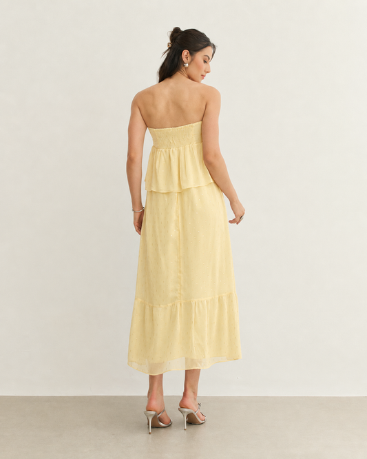 VESTIDO SEM ALÇA COM BABADOS AMARELO