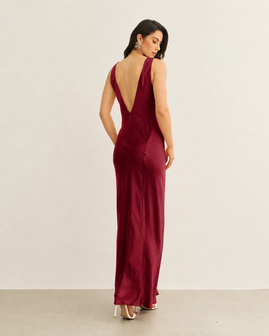 VESTIDO LONGO DECOTE V COSTA WINE (VINHO)