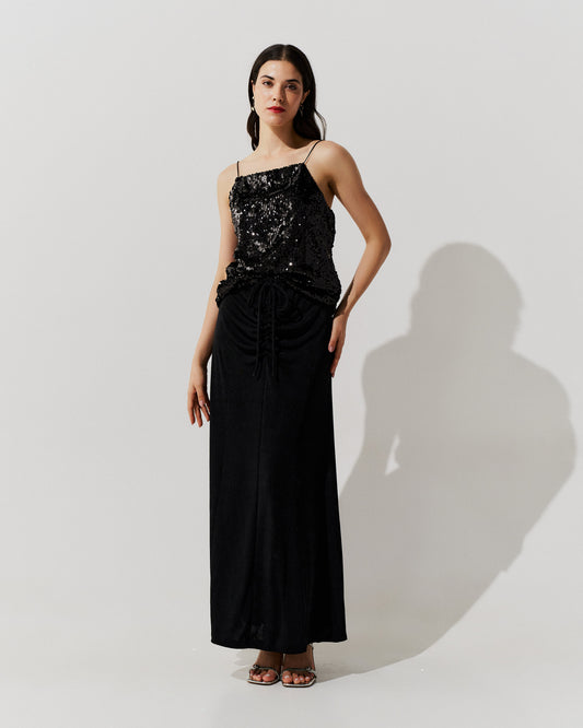 Saia Midi com Detalhe Franzido PRETO