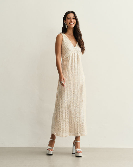 VESTIDO PAETE DECOTE V CRU