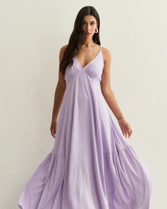 VESTIDO LONGO COM LAÇO NAS COSTAS LILAS