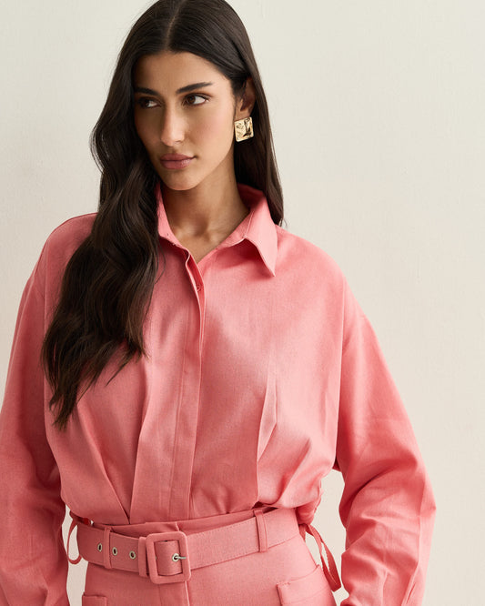 CAMISA MANGA LONGA COM PREGAS CORAL