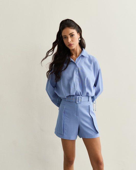 CAMISA MANGA LONGA COM PREGAS AZUL