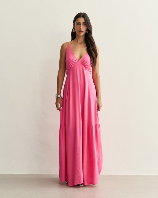 VESTIDO LONGO COM LAÇO NAS COSTAS ROSA