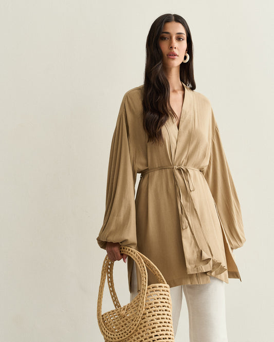 KIMONO COM FENDA LATERAL OCRE