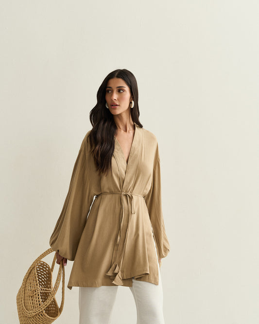 KIMONO COM FENDA LATERAL OCRE