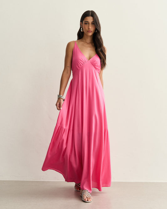 VESTIDO LONGO COM LAÇO NAS COSTAS ROSA