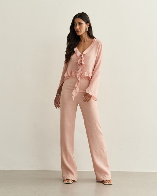 BLUSA MANGA LONGA COM BABADOS ROSA