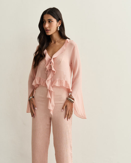 BLUSA MANGA LONGA COM BABADOS ROSA