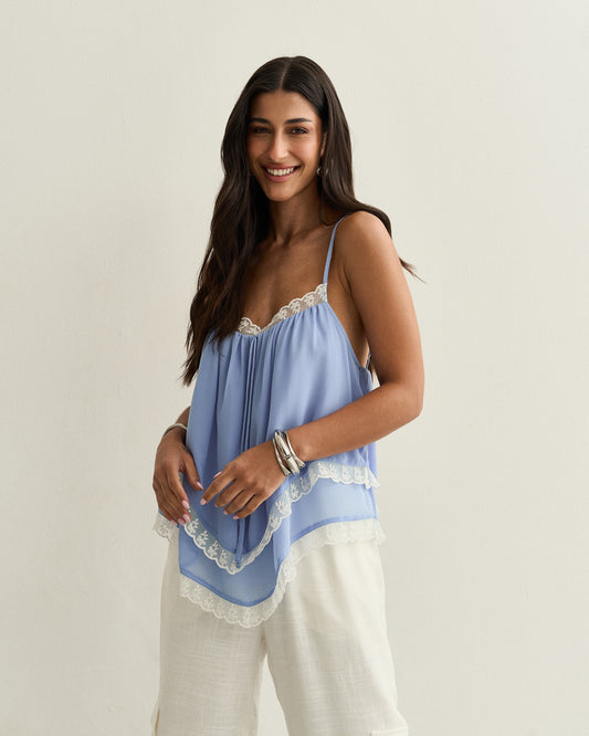 REGATA CHIFFON RENDA AZUL