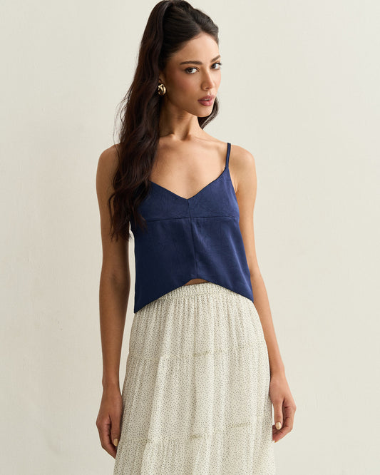 TOP BARRA ASSIMÉTRICA ALÇAS FINAS AZUL MARINHO