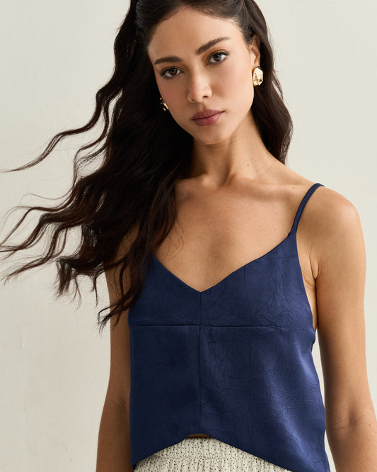 TOP BARRA ASSIMÉTRICA ALÇAS FINAS AZUL MARINHO