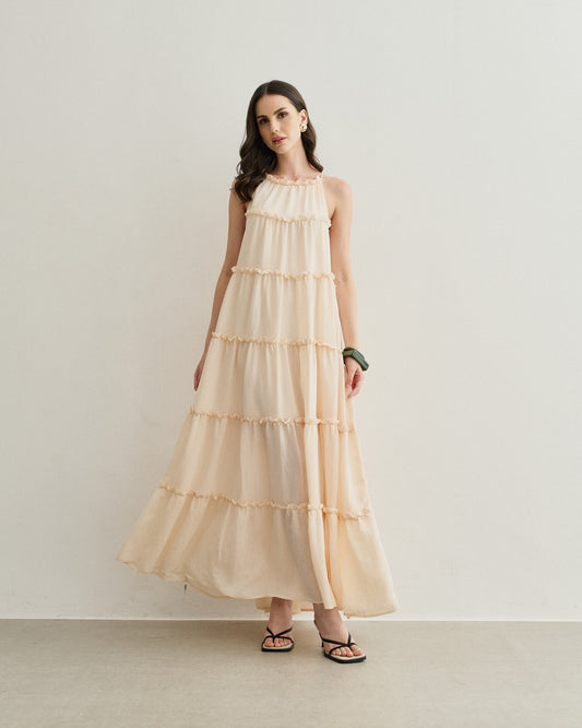 VESTIDO RECORTE BABADINHO CREME