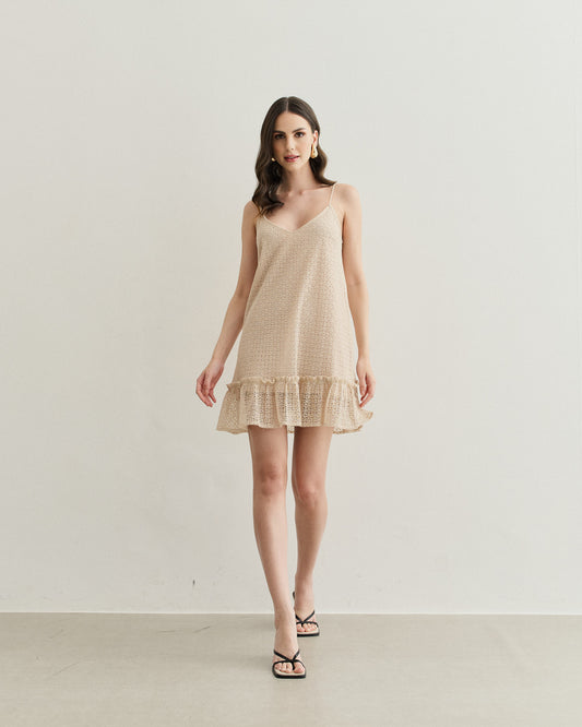 VESTIDO CURTO DECOTE V BEGE