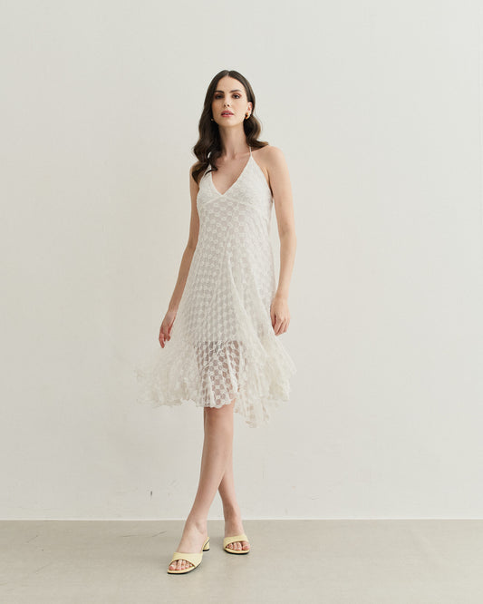VESTIDO COM RECORTES E BABADOS OFF WHITE