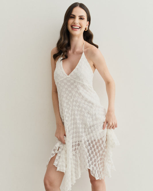 VESTIDO COM RECORTES E BABADOS OFF WHITE