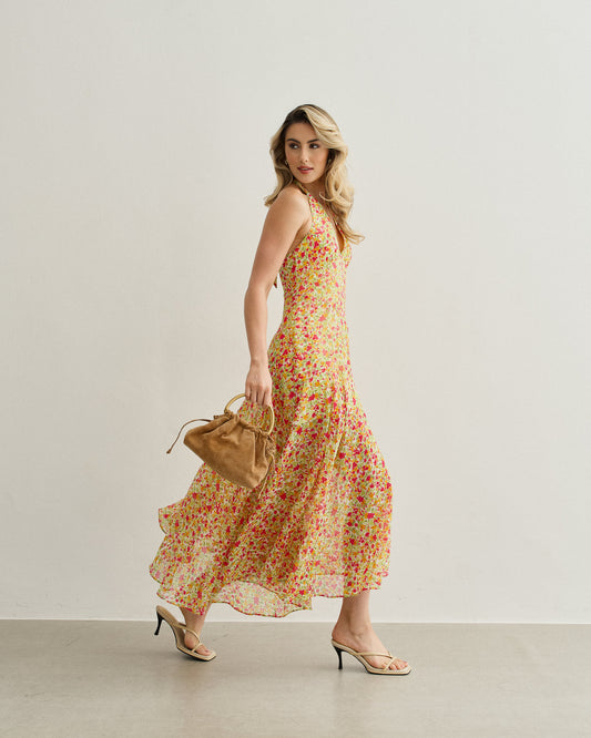 VESTIDO FLORIDO COM RECORTES OFF WHITE COM LARANJA