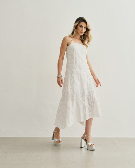 VESTIDO MIDI BORDADO OFF WHITE