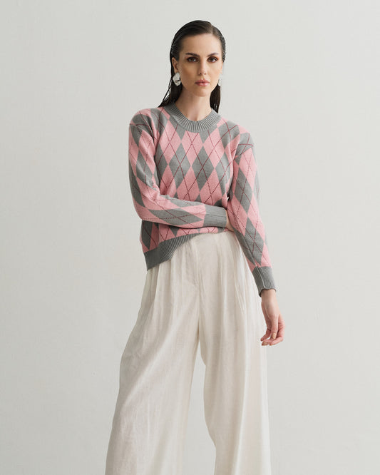 SUÉTER DE TRICOT XADREZ ARGYLE CINZA/ROSA/VERMELHO