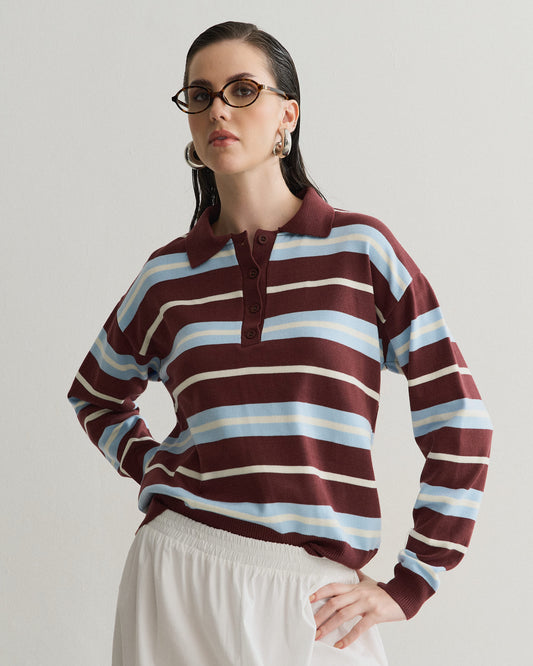 BLUSA TRICOT POLO LISTRAS AZUL/MARROM/OFF