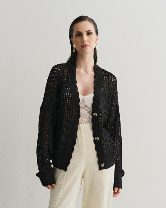 BLUSA CARDIGAN PONTO VAZADO PRETO