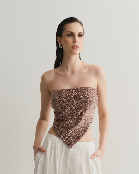 BLUSA VELUDO PAETÊ ROSE (MARROM COM ROSE)