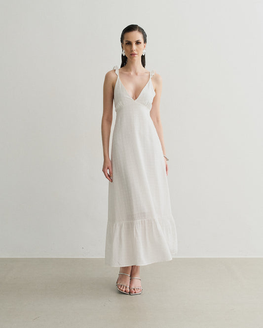 VESTIDO LONGO TEXTURA DETALHE NA ALÇA OFF WHITE