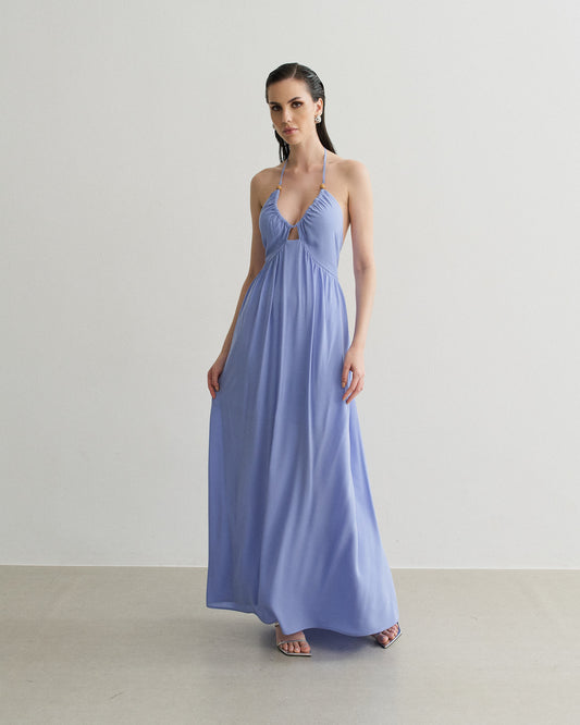 VESTIDO MIDI FRENTE U COM AMARRAÇÃO SERENO (AZUL)