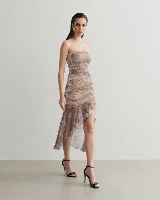 VESTIDO TOMARA QUE CAIA MIDI ESTAMPADO COBRA