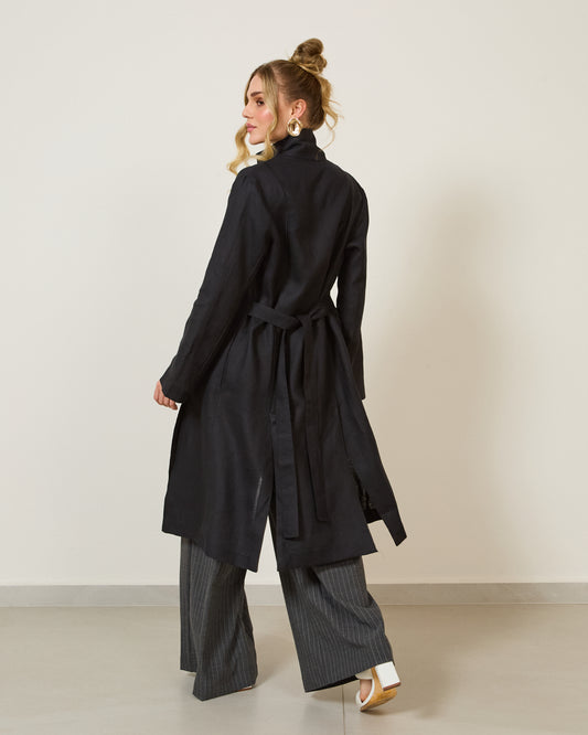 Casaco Trench Coat Longo Com Cinto PRETO