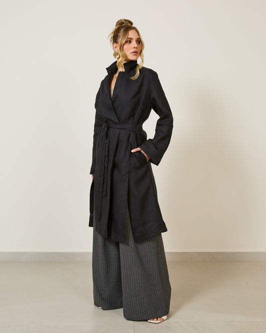 Casaco Trench Coat Longo Com Cinto PRETO