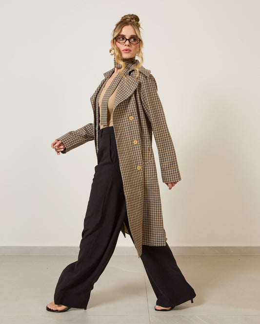 Casaco Trench Coat Xadrez com Faixa BEGE