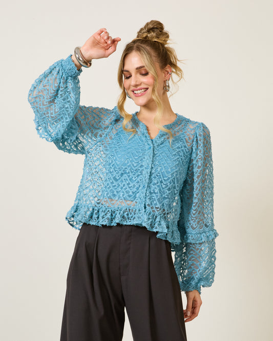 Blusa Texturizada Manga Longa Off AZUL