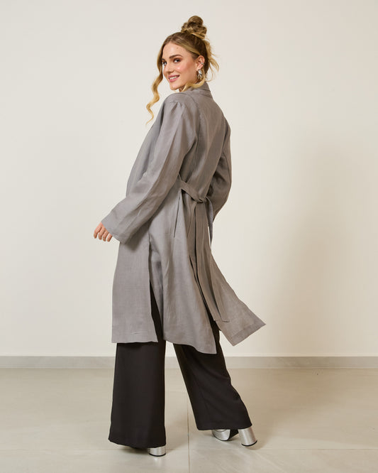 Casaco Trench Coat Longo Com Cinto CINZA