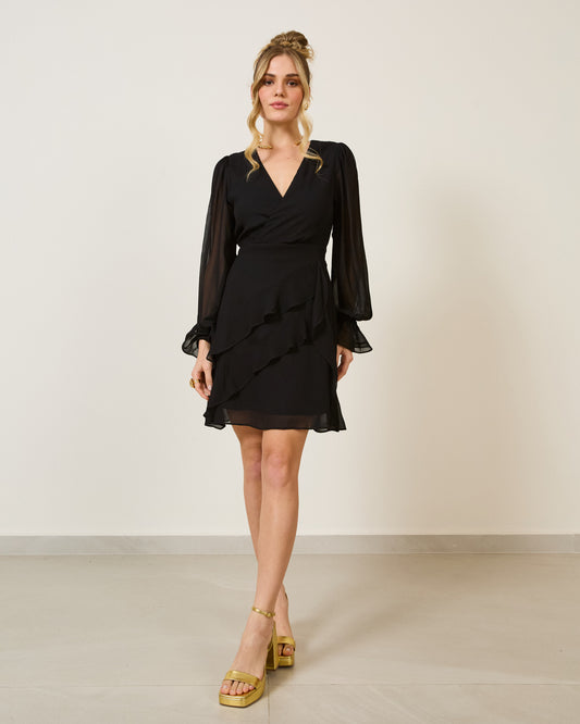 VESTIDO CURTO BABADOS MANGA LONGA PRETO