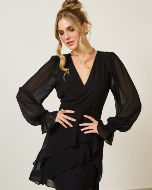 Vestido Curto Babados Manga Longa PRETO