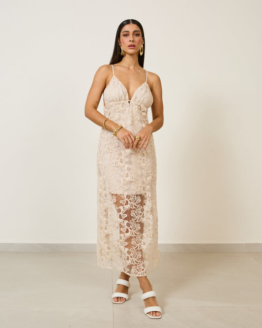 Vestido Midi Renda Decote V BEGE