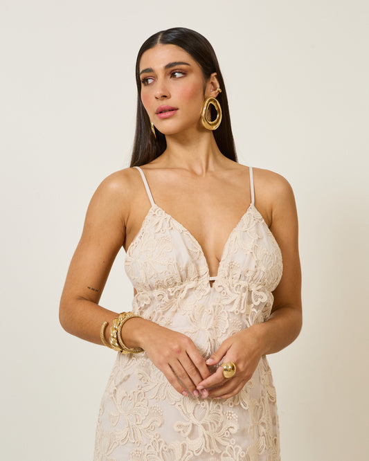 Vestido Midi Renda Decote V BEGE