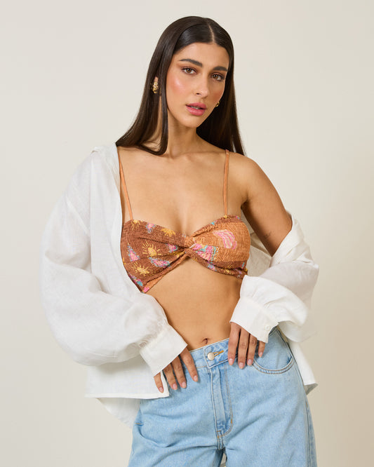Top Lastex Transpassado Estampado BEGE
