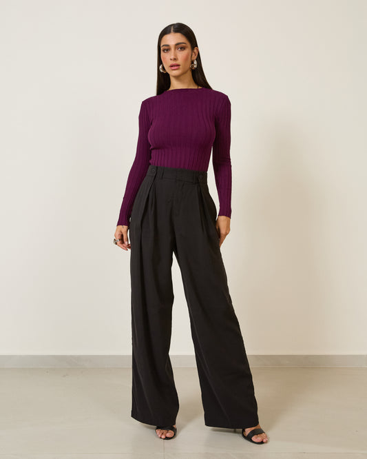 Blusa Tricot Canelado Manga Longa ROXO